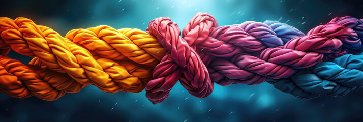 Pile of vibrant ropes. Suitable for outdoor, adventure, teamwork and leadership concept designs. Colorful, strong, teamwork, adventure, outdoor, vibrant, leadership, ropes, concept, design. - obrazy, fototapety, plakaty