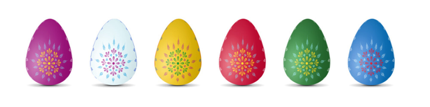 Set of colourful painted Easter eggs Easter adorned with different coloured flowers and other decorative ornaments. Vector design, 3D style template, isolated on transparent background, illustration.