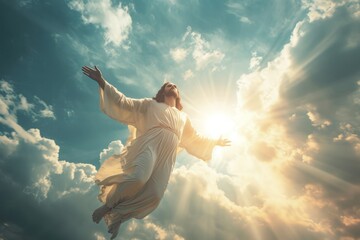 Jesus Christ ascending to heaven amidst radiant skies, illustrating the concept of God, Heaven, and Second Coming generative ai