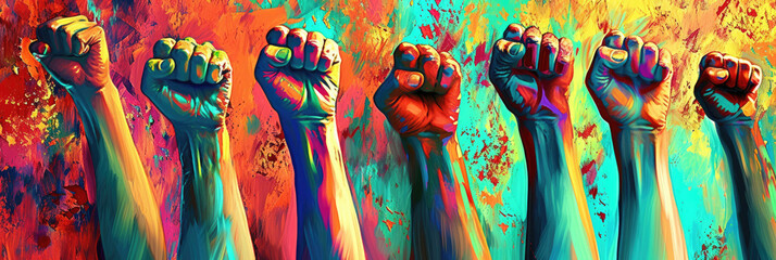 people raising fists in rainbow colors, Fist protest hand activist people social fight crowd civil - obrazy, fototapety, plakaty