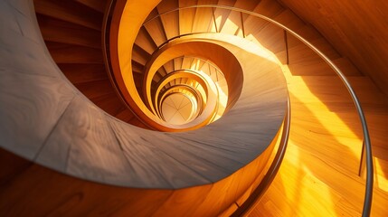 abstract spiraling handrail of a wooden staircase in a modern design building : Generative AI