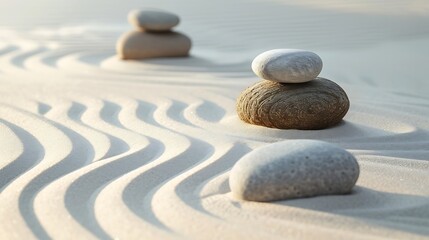 Fototapeta na wymiar Zen Stones With Lines On Sand - Spa Therapy - Purity harmony And Balance Concept : Generative AI