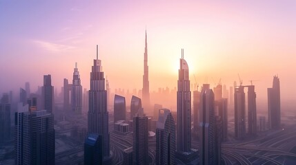 Fototapeta na wymiar Dubai - amazing city center skyline with luxury skyscrapers at sunrise, United Arab Emirates : Generative AI