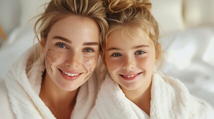 Happy caucasian mother with daughter wearing hydrogel patches smiling looking at camera on white background. Blondes wear robes to take care of their skin. Cosmetic natural trend. : Generative AI