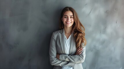 Image of happy young business woman posing isolated over grey wall background. : Generative AI