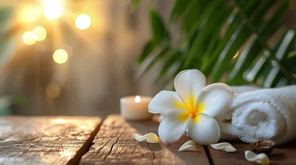 Zelfklevend Fotobehang Beautiful spa composition with plumeria flower on wooden table. Space for text : Generative AI © Generative AI