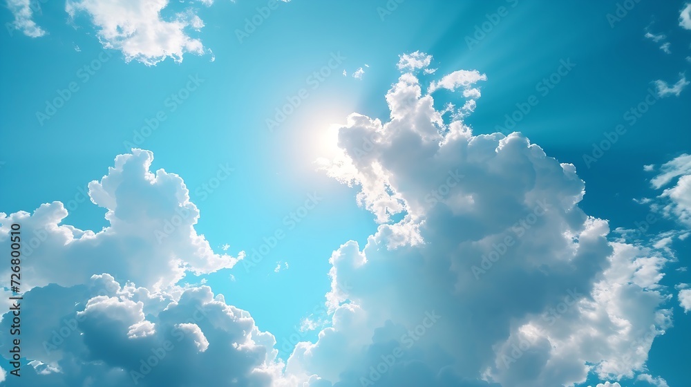 Poster the sky has the light of the sun, the sky is blue, there are small and large clouds alternating and 