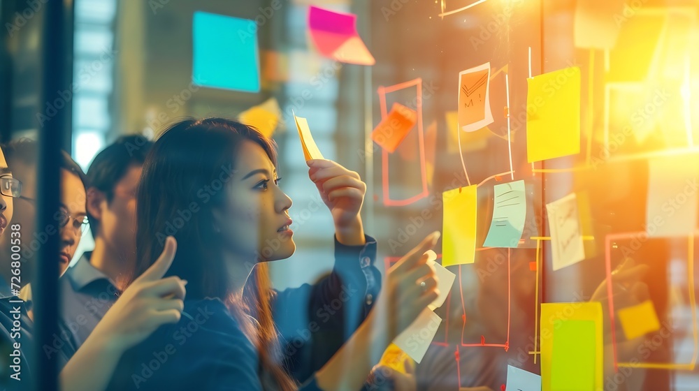 Poster group of business people brainstorming with sticky notes on glass window : generative ai