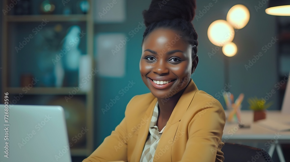 Poster The key to success starts with how you define it. Portrait of an african businesswoman smiling while sitting at her desk. : Generative AI