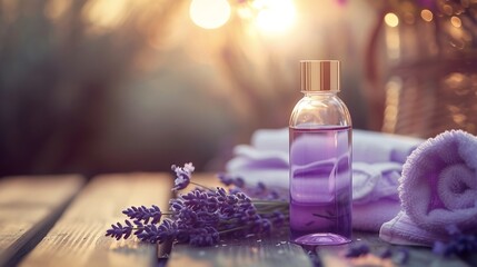 Obraz na płótnie Canvas spa massage setting, lavender product, oil on wooden background : Generative AI