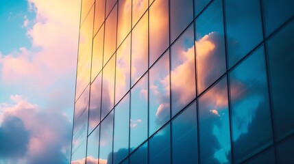 Clouds at sunset reflected in the facade of a modern building : Generative AI