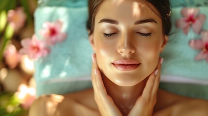 Relax, spa and woman with wellness, massage and luxury treatment with stress relief, smile and joy. Client, female person and lady with hands, employee and skincare with grooming, zen  : Generative AI