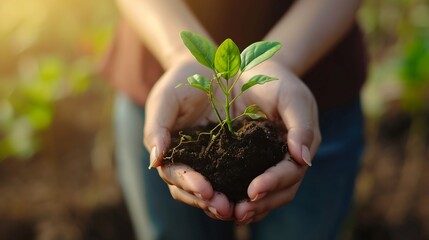 Unrecognizable woman holding a green seedling growing in soil. Anonymous female organic farmer protecting a young plant in her garden. Sustainable female farmer planting a sapling on h : Generative AI