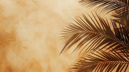 Fototapeta na wymiar Empty palm shadow brown color texture pattern cement wall background. Used for presentation business nature organic cosmetic products for sale shop online. Summer tropical beach with m : Generative AI