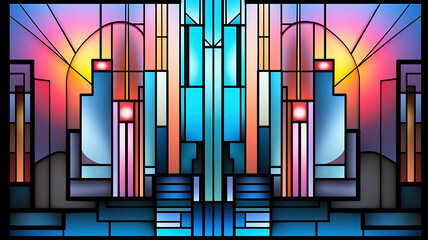 Geometric Art Deco style stained glass window in many colors.