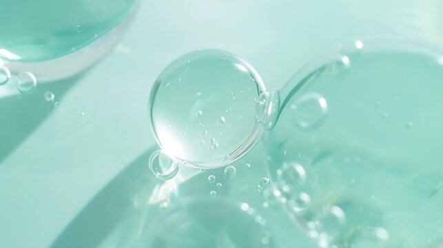 Cosmetic moisturizing liquid drops on green blue pastel background. Toner or lotion. Hyaluronic serum : Generative AI