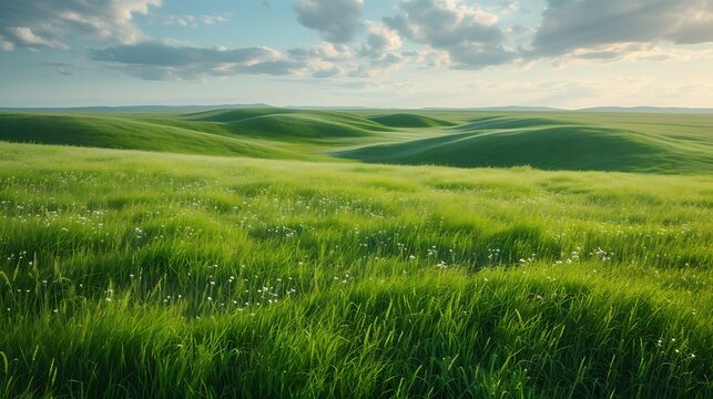 Lush green grass on field and hill, grasslands national park, val marie, saskatchewan, canada : Generative AI