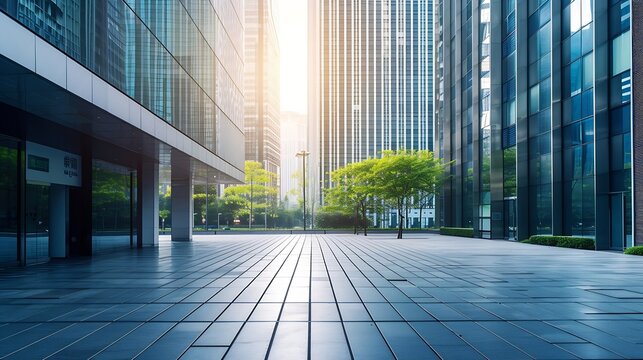 Empty Ground Floor In Front Of Modern Office Buildings In City Downtown District. : Generative AI