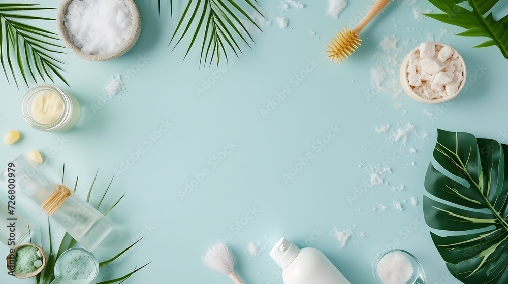Poster spa cosmetic products concept, spa background with a space for a text, flat lay, view from above : g
