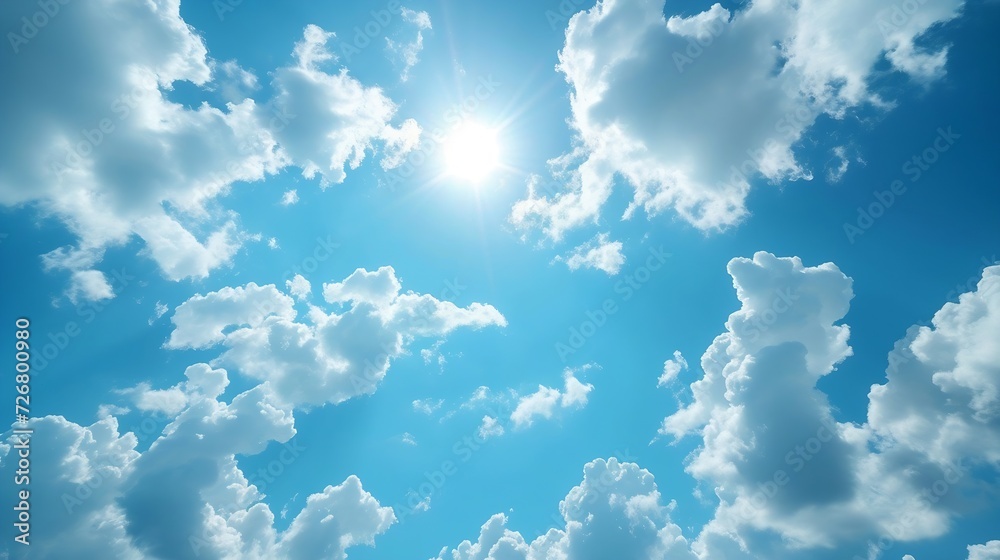 Poster blue sky and white clouds floated in the sky on a clear day with warm sunshine combined with cool br