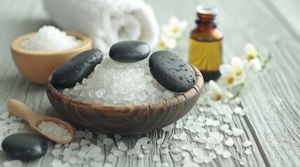 Fototapeta na wymiar beauty treatment items for spa procedures on white wooden table. massage stones, essential oils and sea salt. copy space : Generative AI