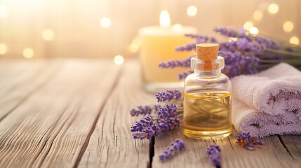 Obraz na płótnie Canvas spa massage setting, lavender product, oil on wooden background : Generative AI