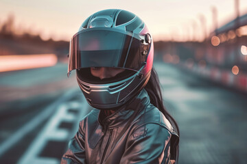 model wearing a helmet and a jacket in a race track with a car - obrazy, fototapety, plakaty