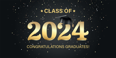 Vector illustration. Class of 2024 badge design template in black and gold colors. Congratulations graduates 2024 banner sticker card with academic hat for high school or college graduation