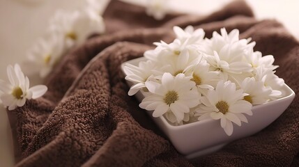 White flowers floating in square bowl with brown towels : Generative AI