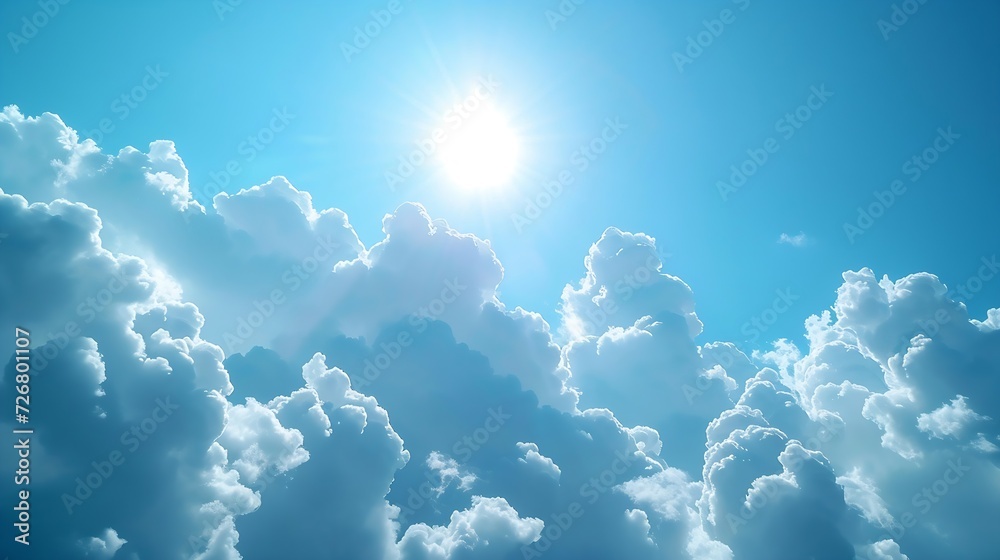 Poster the sky has the light of the sun, the sky is blue, there are small and large clouds alternating and 