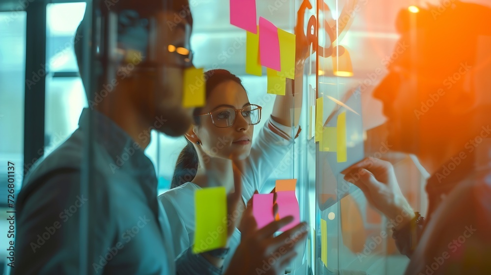 Poster group of business people brainstorming with sticky notes on glass window : generative ai