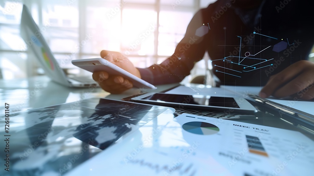 Poster business documents on office table with smart phone and digital tablet and graph financial with social network diagram and man working in the background : Generative AI