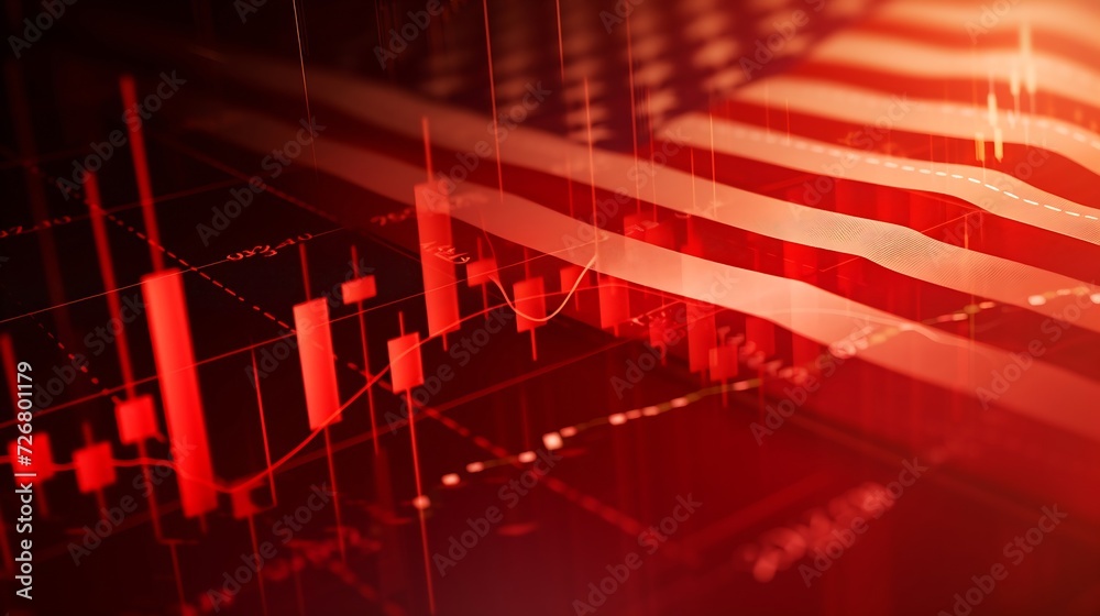 Poster stock market trading graph in red color economy. usa flag dollar bill background. trading trends and