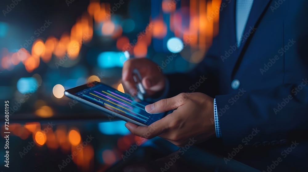 Poster Businessman using tablet analyzing sales data and economic growth graph chart and block chain technology on global network on dark background. : Generative AI