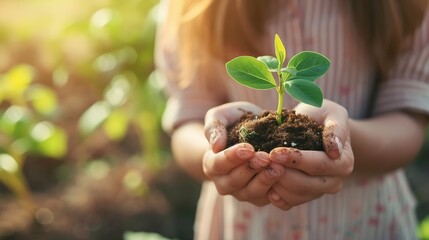 Unrecognizable woman holding a green seedling growing in soil. Anonymous female organic farmer protecting a young plant in her garden. Sustainable female farmer planting a sapling on h : Generative AI