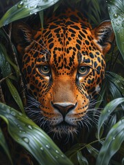 jungle shot, acrylic painting, jaguar facing camera, full body pose, focus on jaguar - generative ai