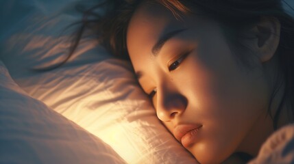 Close-up alarm Young Asian woman have insomnia on the bed : Generative AI - obrazy, fototapety, plakaty