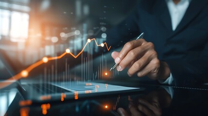 Businessman draw growth graph analysing stock market profit on global business investment. Banking, financial planning management strategy for business growth and success on data netwo : Generative AI
