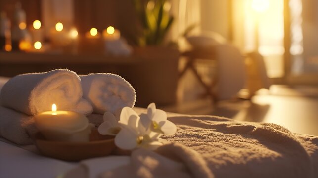 Beautiful spa accessories on massage table in room : Generative AI