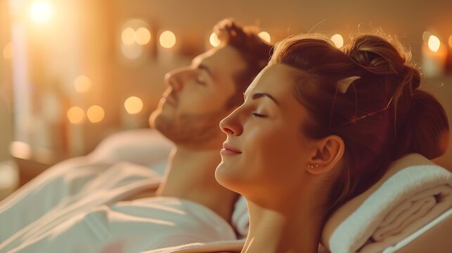Young couple receiving head massage at beauty spa : Generative AI