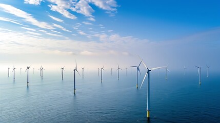 offshore windmill park with clouds and a blue sky, windmill park in the ocean aerial view with wind turbine Flevoland Netherlands Ijsselmeer. Green energy : Generative AI