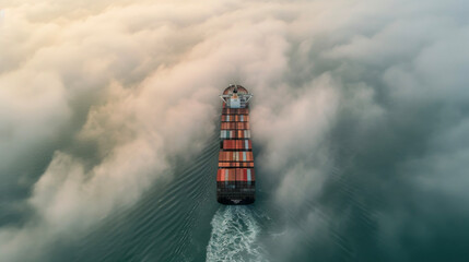 Aerial view of a container ship navigating through a dense fog relying on advanced navigation technology and skilled crew to safely reach its destination.