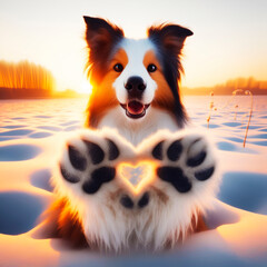 A cute collie dog is showing a hand heart, background is sunrise and snow field, lovely doggy - obrazy, fototapety, plakaty