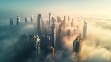 Mega tall skyscrapers of Dubai covered in early morning think fog. Rare aerial perspective. : Generative AI - obrazy, fototapety, plakaty