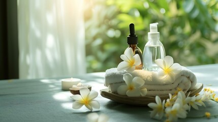 Spa accessory composition set in day spa hotel , beauty wellness center . Spa product are placed in luxury spa resort room , ready for massage therapy from professional service . : Generative AI