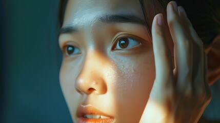 Dermatology, expression face worry, stressed asian young woman hand touching facial at dark spot of melasma, freckles from pigment melanin, allergy sun. Beauty care, skin problem treat : Generative AI - obrazy, fototapety, plakaty