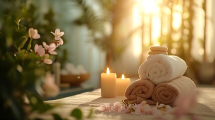 Beautiful spa composition on massage table in wellness center : Generative AI