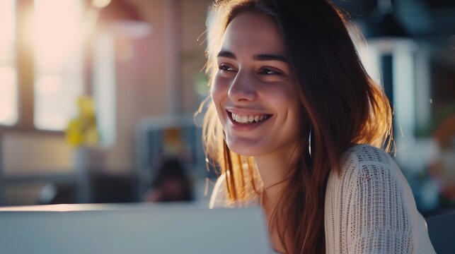 Image of young beautiful joyful woman smiling while working with laptop in office : Generative AI
