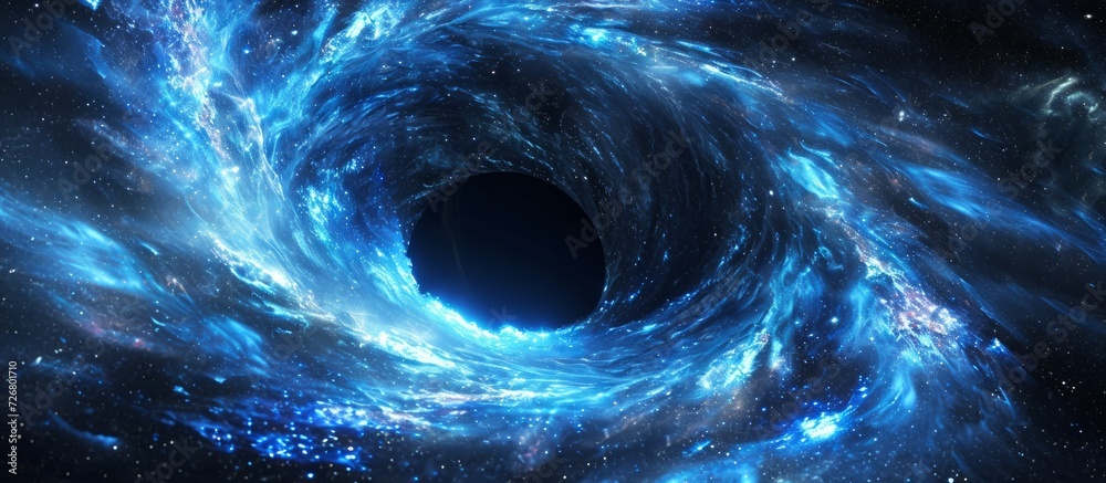Canvas Prints computer generated 3d rendering of black hole formed by merging blue glowing spinning neutron stars.
