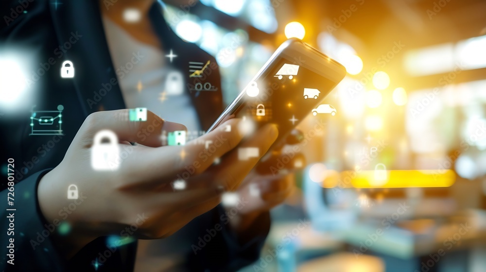 Poster businessman online using mobile banking payment with financial application icons. financial innovati